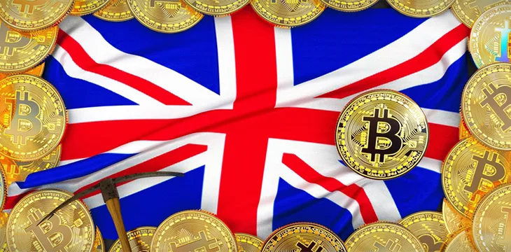 Bitcoins Gold around United Kingdom flag and pickaxe on the left