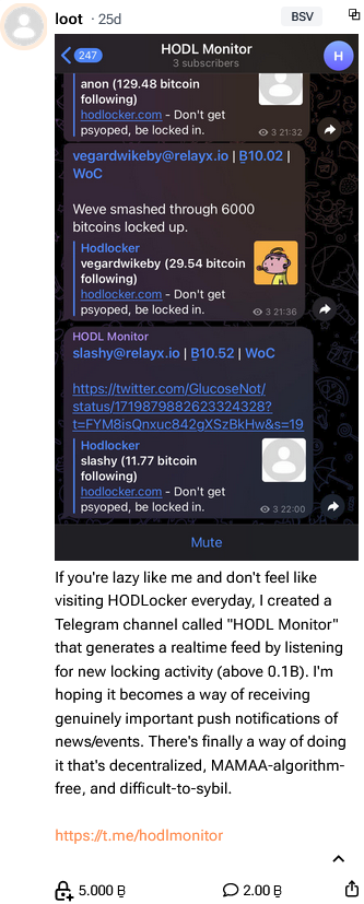 Screenshot of Hodlocker channel on Telegram