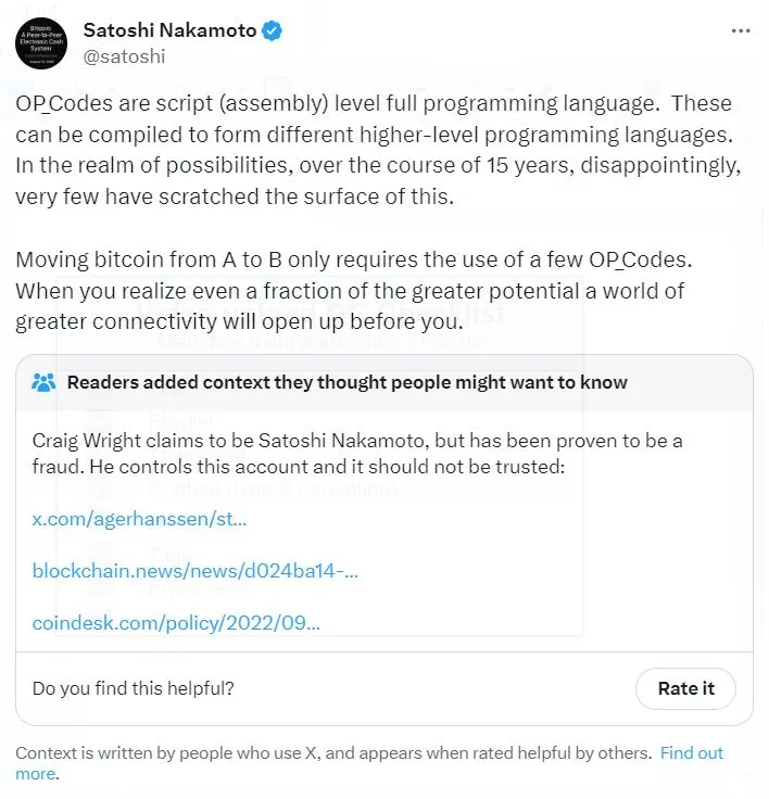 Screenshot of Satoshi Nakamoto's tweet on X