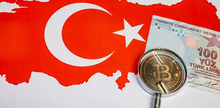 Flag of turkey with bitcoin and turkish banknotes