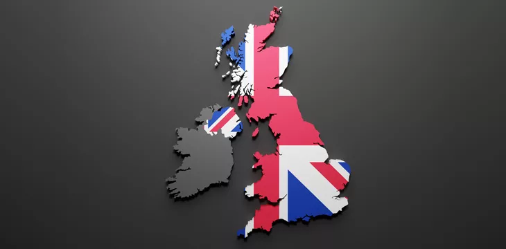 Map of the United Kingdom renderred with the UK flag with dark grey background