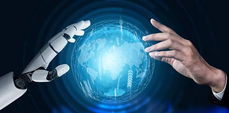 futuristic robot hand and human hand