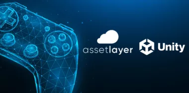Asset Layer and Unity logo with blockchain gaming background