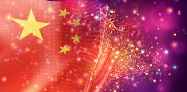 China, vector 3D flag on pink and purple background with lighting and flares