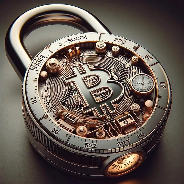 Close up image of silver padlock with Bitcoin logo