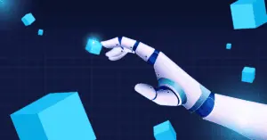 Robot hand AI concept with blocks in background