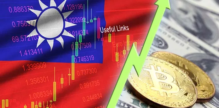 Taiwan flag and cryptocurrency growing trend with two bitcoins on dollar bills