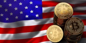 Stack of Bitcoin coins on USA flag