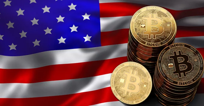 Stack of Bitcoin coins on USA flag