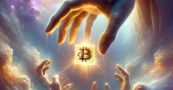 hands trying to reach for a gold bitcoin