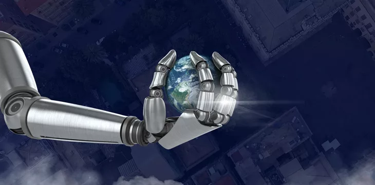 Artificial intelligence concept with robot hand holding planet earth with overlay background of cityscape topview