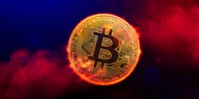 Burning golden bitcoin coin in red smoke background