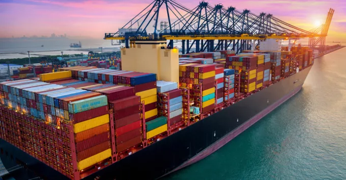 cargo ship and cargo container in harbor