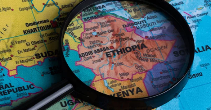 Ethiopia map with magnifying glass