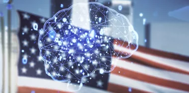 Double exposure of creative human brain microcircuit hologram on US flag and city background