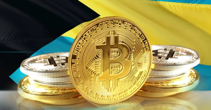 Bitcoin coins on Bahamas Flag