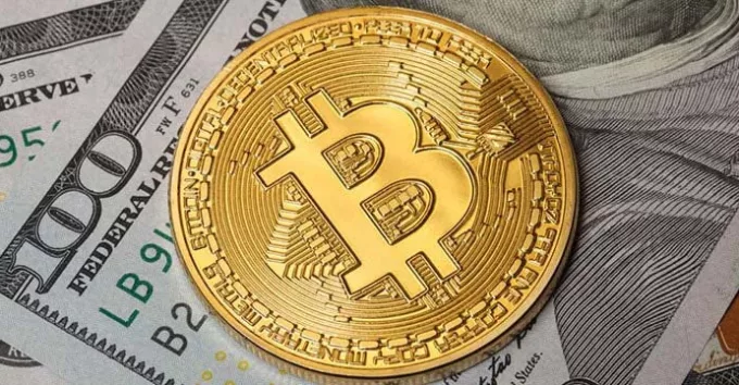 Bitcoin coins and hundred dollar bills