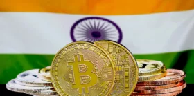 Digital asset coins with India flag background