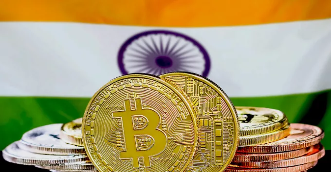 Digital asset coins with India flag background