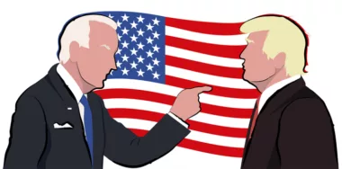 Illustration of Joe Biden in front of Donald Trump