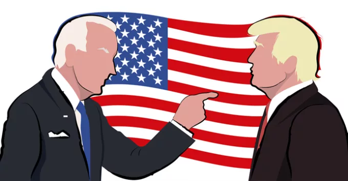 Illustration of Joe Biden in front of Donald Trump