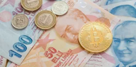 Bitcoin with turkish liras in paper and coin