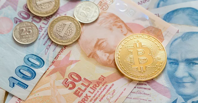 Bitcoin with turkish liras in paper and coin