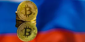 Bitcoins with Russia flag