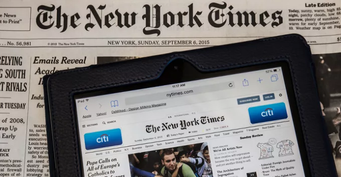 The New York Times newspaper and on tablet