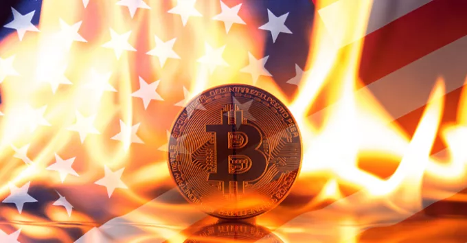 Double exposure of USA flag and Bitcoin on Fire flames