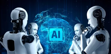 Thinking AI hominoid robot analyzing hologram