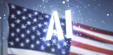 Double exposure of creative artificial Intelligence with US flag