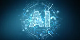 Digital artificial intelligence text hologram on blue background