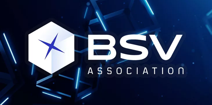 BSV Association logo with blockchain concept background