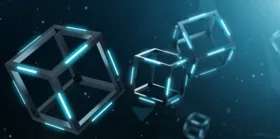 Blockchain technology on blue background