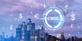 New York cityscape, central bank digital currency with glowing money symbols with circuit board