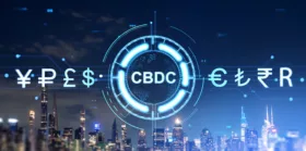 Central bank digital currency with diverse glowing money icons in row