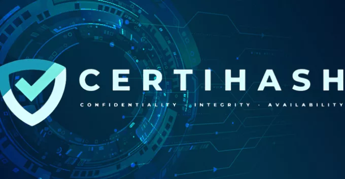 CERTIHASH logo with digital background