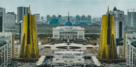 Elevated panoramic city view over Astana in Kazakhstan with Golden Towers