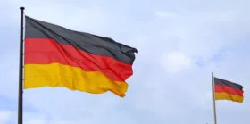 National flag of Germany waving in the sky