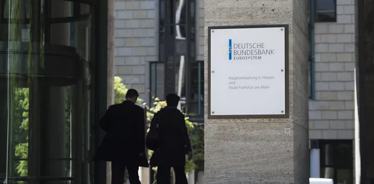 The sign and front entrance to the regional office branch of the Central Bank of Germany the Deutsche Bundesbank in Frankfurt Germany