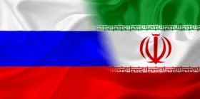 Russia and Iran flag with fabric texture