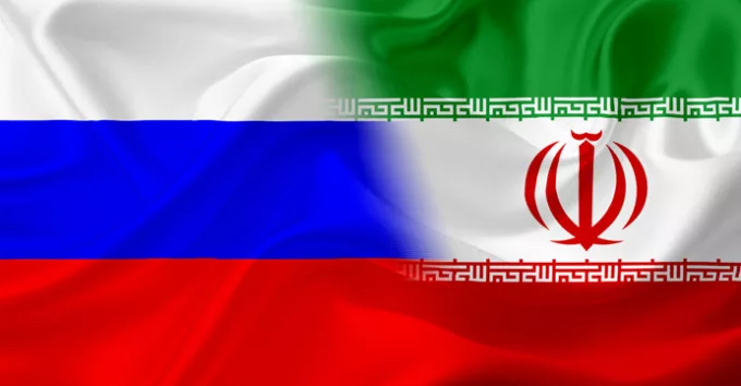Russia and Iran flag with fabric texture