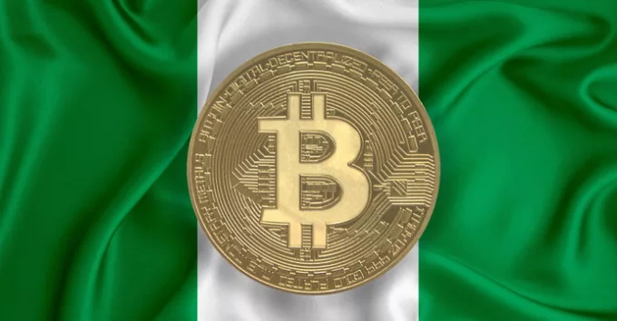Nigeria flag draped over a bitcoin digital asset