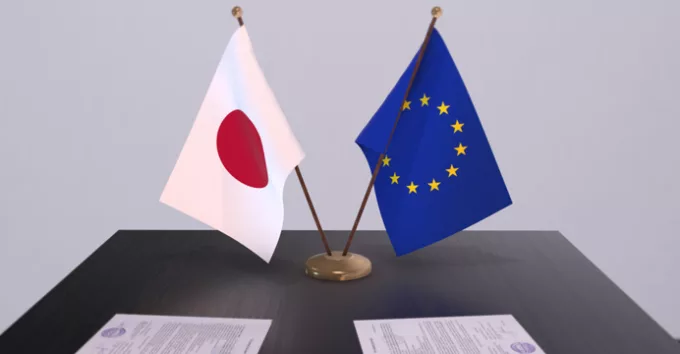 Japan and EU flag on table