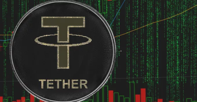 Tether on the green matrix background of binary price chart