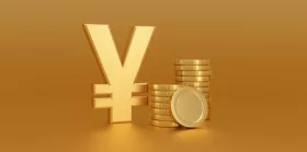 Yuan money symbol next to Stack of gold