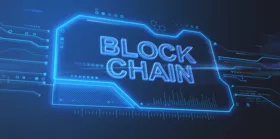 Wide blockchain hologram on blue background