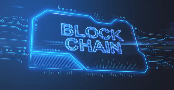 Wide blockchain hologram on blue background