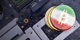 Golden bitcoins with flag of Iran on a computer electronic circuit board